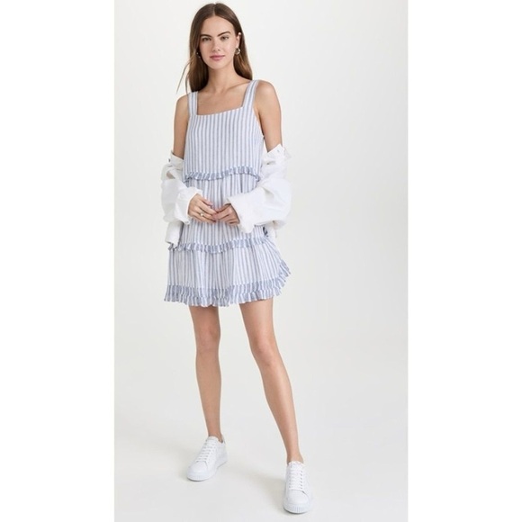 Rails Sandy Blue Iris Strip Linen Blend Tiered Ruffle Mini Dress Size Small - Picture 1 of 12